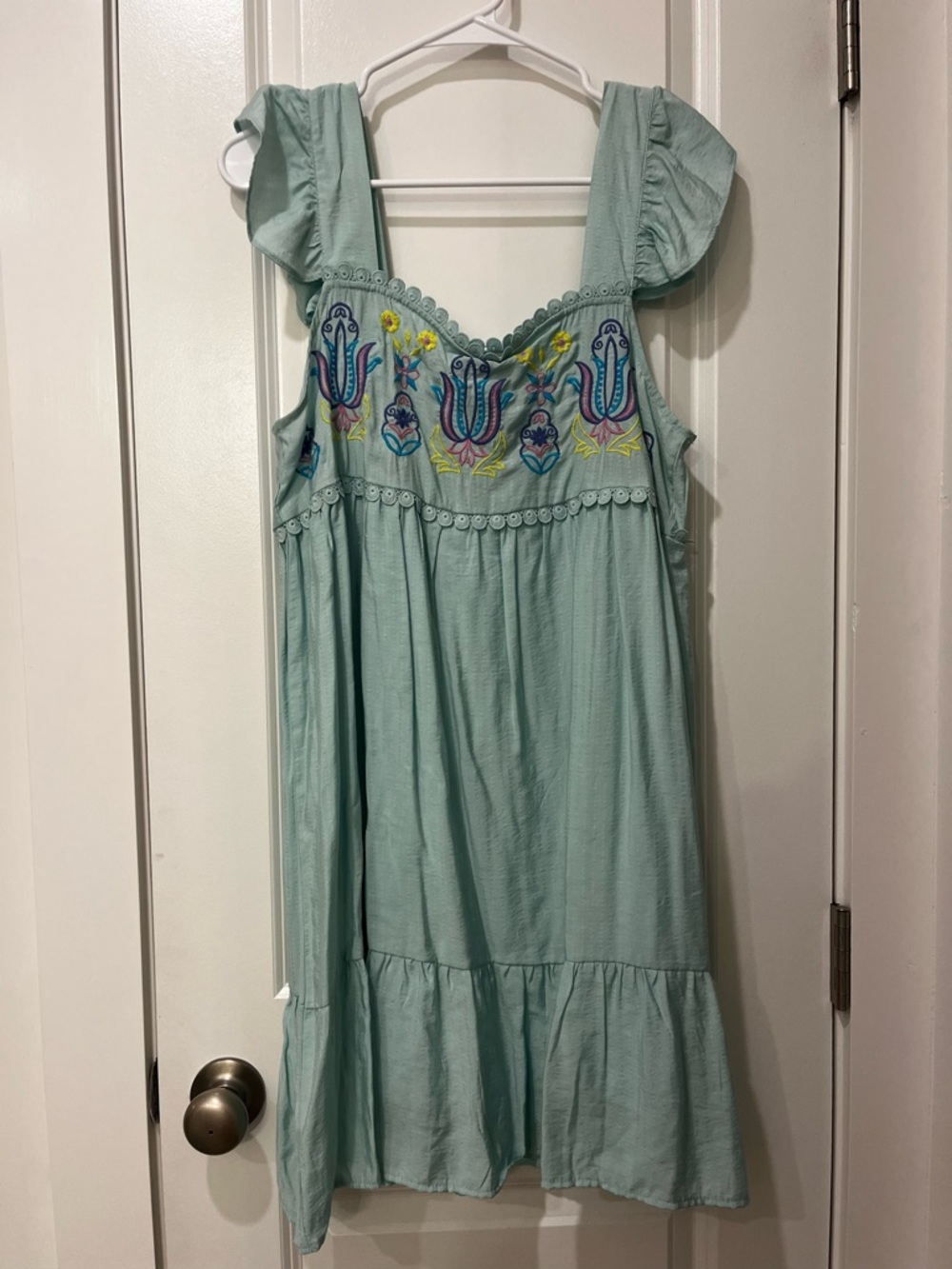 Light Aqua Embroidered Flutter-Sleeve Dress